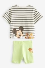 Yeni Sezon Kız Çocuk Minnie Mouse Baskılı Siyah Beyaz Çizgili T-Shirt ve Fitilli Şort Taytlı Alt-Üst Takım