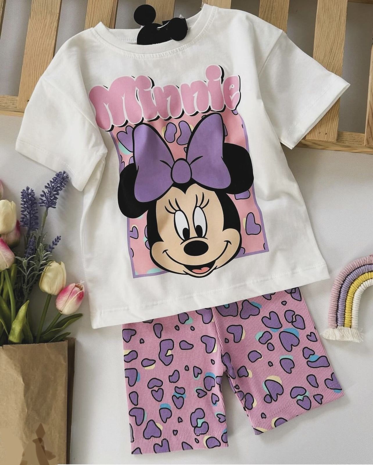 Yeni Sezon Kız Çocuk Minnie Mouse Baskılı Pamuklu Bisiklet Yaka Alt-Üst Biker Taytlı Takım