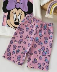 Yeni Sezon Kız Çocuk Minnie Mouse Baskılı Pamuklu Bisiklet Yaka Alt-Üst Biker Taytlı Takım