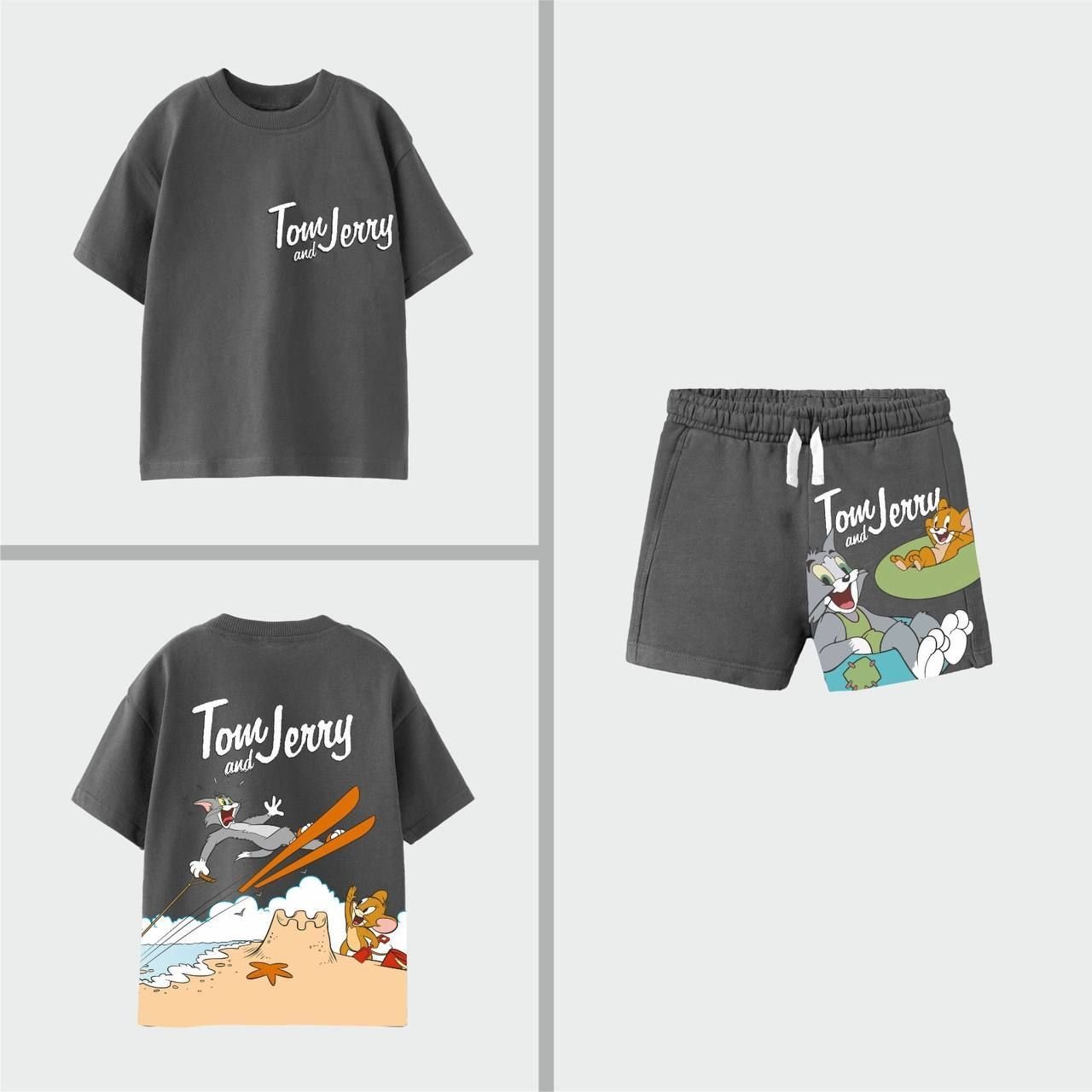 Yeni Sezon Erkek Çocuk Tom ve Jerry Baskılı Pamuklu Bisiklet Yaka Alt-Üst Şortlu Takım