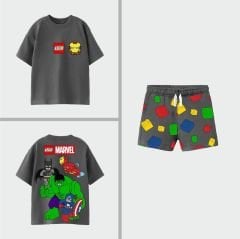 Yeni Sezon Erkek Çocuk Lego Baskılı Pamuklu Bisiklet Yaka Alt-Üst Şortlu İkili Takım