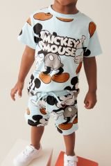 Yeni Sezon Erkek Çocuk Mickey Mouse Baskılı Pamuklu T-shirt ve Şortlu Alt-Üst İkili Yazlık Takım