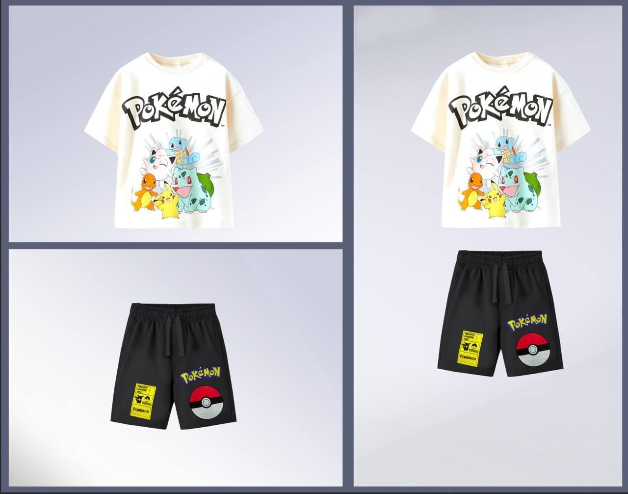 Yeni Sezon Erkek Çocuk Pokemon Baskılı Bisiklet Yaka Pamuklu T-shirt ve Şortlu İkili Yazlık Takım
