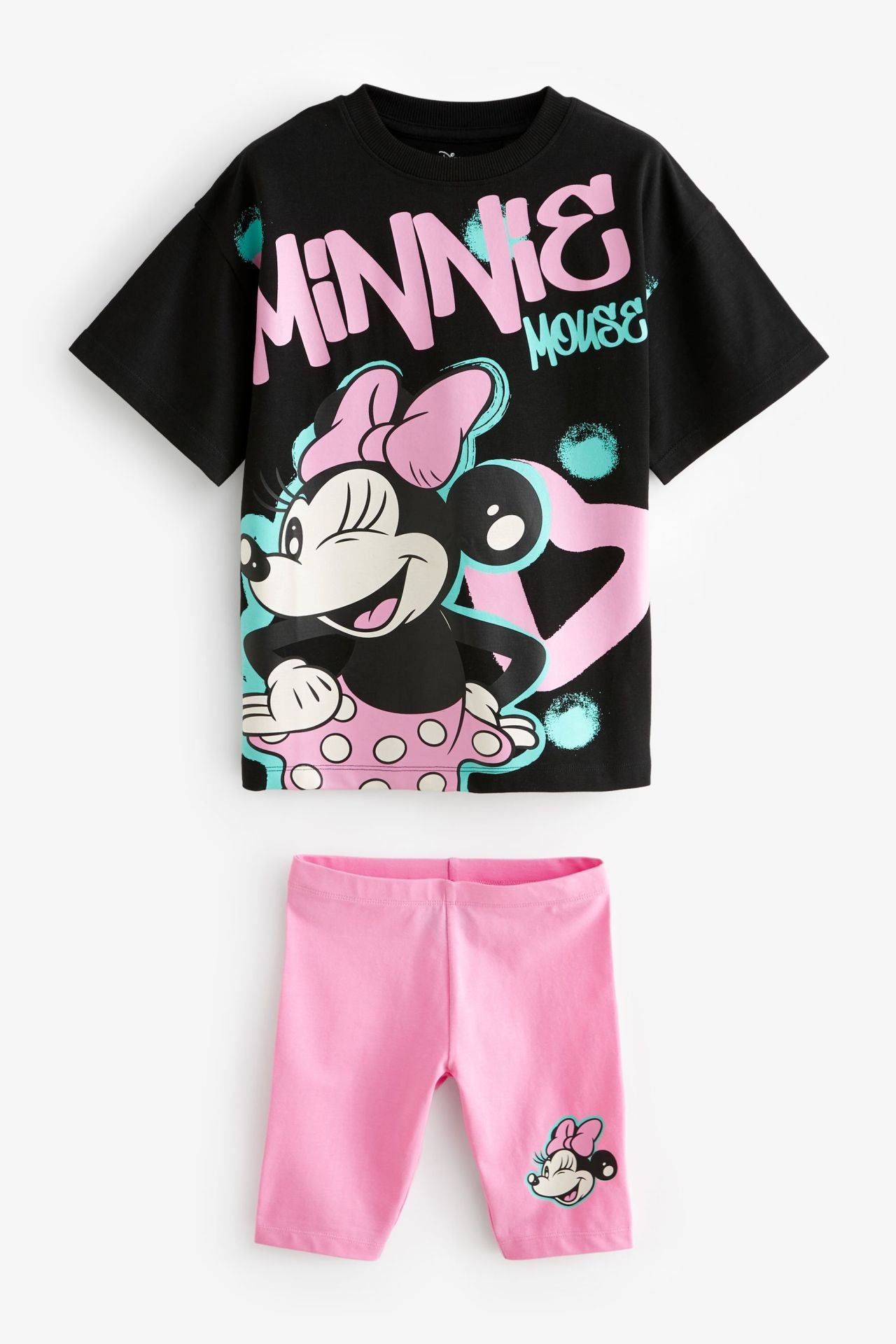Yeni Sezon Kız Çocuk Minnie Mouse Baskılı T-shirt ve Biker Fiyilli Taytlı Alt-Üst Takım
