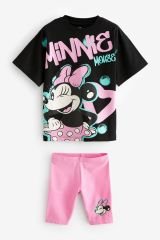 Yeni Sezon Kız Çocuk Minnie Mouse Baskılı T-shirt ve Biker Fiyilli Taytlı Alt-Üst Takım