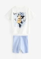 Yeni Sezon Kız Çocuk Minnie Mouse Baskılı Pamuklu T-shirt ve Biker Fitilli Taytlı Alt-Üst Takım