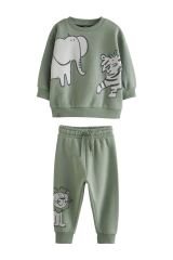 Yeni Sezon Erkek Çocuk Hayvan Deseni Baskılı Sweatshirt ve Eşofman Alt-Üst İkili Takım